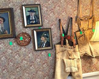 Lederhosen pants originating from Germany, specifically Bavaria and are also associated with Austria plus Original oil paintings possibly from German or Austria and Floor Lamp