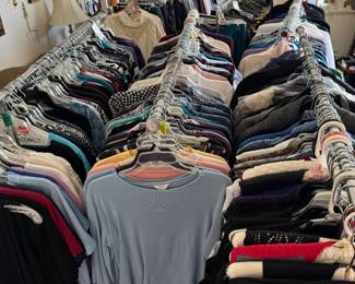 Six Rolling Racks of Womens Clothing, Small to Extra Large, So Many Brands