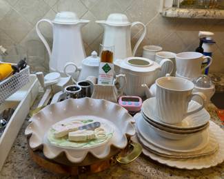 White dishes by Gibson, Johnson Bros, Corelle