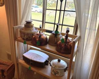 Antique stained glass window, Copper Kettles, Vintage Bread Warmer