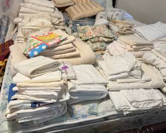 Full size Mahogany 4 poster bed with mattress, Box Spring, Queen Anne style, loaded with linens, and more