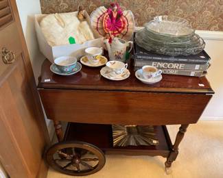 Cherrywood Vintage Tea Cart with assorted cups and saucers PLUS an antique Rabbit fur muff with matching Hat