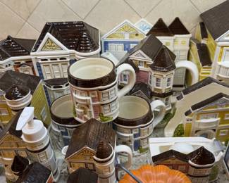 Porcelain cannisters Village set plus tea pots, office items by Otagiri