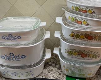 Pyrex and Corningware, cornflower, spice of life, corning french, blue dusk bell, yellow bouquet