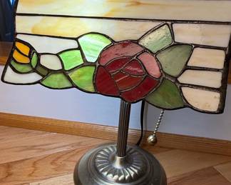 Rose Floral Stained Glass Style Banker Lamp