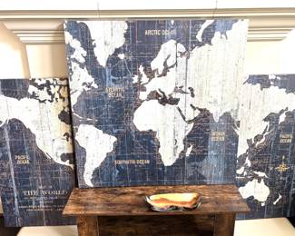 Multi panel blue and white hanging world map