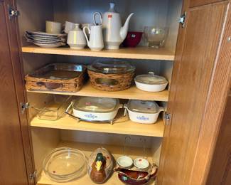Tea/coffee set, Pyrex casserole dishes with lids, casserole dishes with woven baskets.