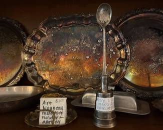 Vintage silver plated items, including Art Nouveau matchbox holder and ashtray and a name-brand jigger.