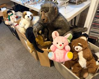 Bins of stuffed animals, all washed and ready to snuggle with your kids and grandkids.