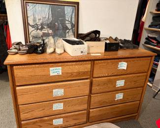 Oak dresser with women's clothing. Women's shoes.