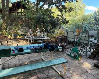 Outdoor tables, garden ornaments and sporting goods.