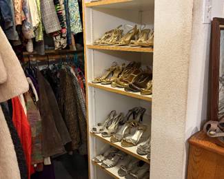 Women's dress shoes, in gold and silver. Women's jackets.