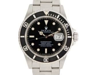 309 Rolex: A Stainless-Steel 'Submariner Date ' Watch Dial: 30.00 mm, round black dial with Diver hour markers Case: 40.00 mm Numbers: U27492, 16610, 7760872, 3135 Closure: stainless-steel link bracelet with deployment clasp Signed: dial, case and clasp, with original box and papers Inner circumference: 7 in. 127.2 grams gross Estimate: $15,000 - $20,000