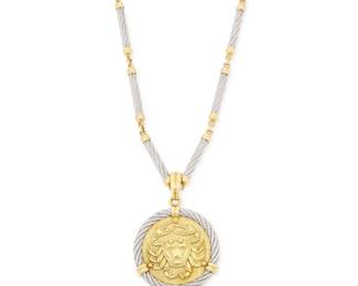 23 Fred Paris: An 18K Gold and Stainless-Steel Zodiac Pendant Necklace Featuring a stainless-steel cable chain with 18k gold accents suspending an 18k gold crab motif Cancer Zodiac pendant 'Force 10', signed Fred Paris, made in France with French assay marks Chain: 28 in, Pendant: 2 x 1 1/2 in. 78.8 grams gross Estimate: $6,500 - $8,500