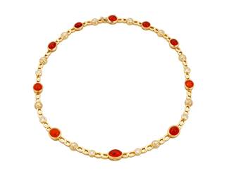 169 An 18K Gold, Fire Opal and Diamond Necklace Of a high polish fancy link design featuring ten oval fire opal cabochons accented by round diamonds weighing approximately 1.65 carats Length: 16 in. 43.6 grams gross Estimate: $6,500 - $8,500
