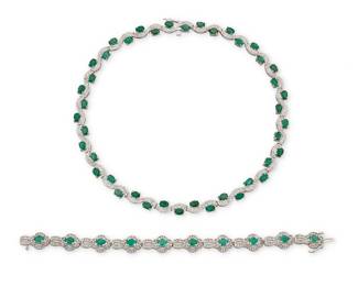100 A 14K White Gold, Emerald and Diamond Necklace and Bracelet Set Of a wave design featuring alternating emeralds and round diamonds, estimated total emerald weight 16.50 carats and diamond weight 3.50 carats 2 pieces Measures: 16 in., 7 1/4 in. 60.0 grams gross This lot is offered at no reserve. Estimate: $5,500 - $7,500
