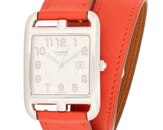307 Hermes; A Stainless-Steel 'Cape Cod' Watch Dial: 21.50 mm, rectangular with Arabic hour markers Case: 30.00 mm Case number: 3266450, CC2.710 Closure: including a red and black strap with stainless buckle clasp Signed: dial, case and straps Inner circumference: 6 - 7 in. 41.4 grams gross Estimate: $2,000 - $3,000