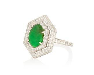 238 Fred Leighton: A Platinum, Jade and Diamond Ring Featuring a lozenge jade tablet, encircled by two rows of round diamonds weighing approximately 0.85 carats, signed Fred Leighton Size: 6 7.0 grams gross Estimate: $3,500 - $5,500