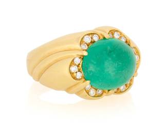 10 An 18K Gold, Emerald and Diamond Ring Centering an oval emerald cabochon weighing approximately 5.86 carats, accented by eighteen round diamonds, with maker's mark Size: 8 1/4 17.1 grams gross This lot is offered at no reserve. 13.5 x 11.4 x 6.3 mm Estimate: $2,000 - $3,000