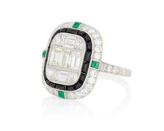 67 A Platinum, Emerald, Onyx and Diamond Ring Featuring a geometric design, centering four baguette diamonds accented by old European-cut diamonds weighing approximately 3.00 carats total, accented by four sugarloaf cabochon emeralds and onyx size: 7 10.2 grams gross Estimate: $6,000 - $8,000