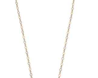 280 Bulgari: An 18K Bi-Color Gold and Diamond Necklace Featuring alternating yellow gold and white gold oval and round links accented by round diamonds weighing approximately 3.20 carats, Bulgari, Roma, with Italian workshop marks Length: 37 in. 54.8 grams gross Estimate: $12,000 - $18,000