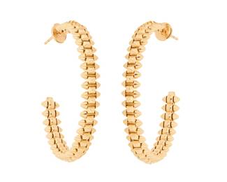 94 Cartier: A Pair of 18K Gold 'Clash de Cartier' Hoop Earrings Featuring studs and beads creating a moving mesh motif, signed Cartier, with Italian workshop marks 2 pieces Measures: 1 1/2 in. 27.0 grams gross Estimate: $4,500 - $6,500