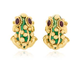 168 David Webb: A Pair of 18K gold and Enamel Frog Earrings Of a frog design featuring red and green enamel, accented by swirling elements of gold, signed Webb 2 pieces Measures: 7/8 x 1/2 in. 30.0 grams gross Estimate: $7,000 - $10,000