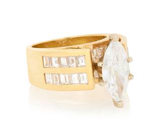 275 A 14K Gold and Diamond Ring Centering a high set marquise-shaped diamond weighing approximately 1.42 carats, accented by two tiers f baguettes weighing approximately 0.60 carat Size: 4 10.4 grams gross Estimate: $2,500 - $3,500