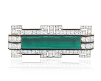 113 A Platinum, Malachite and Diamond Pin Of an elongated geometric design centering a rectangular malachite tablet, accented by onyx and black enamel, finished with old European-cut and old Mine-cut diamonds weighing approximately 8.75 carats Measures: 2 3/4 x 1 in. 23.4 grams gross Estimate: $4,500 - $6,500