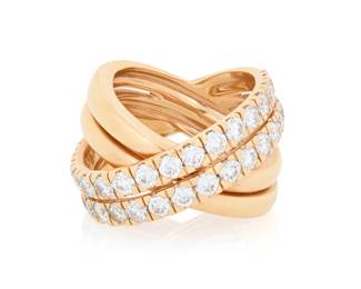 245 An 18K Rose Gold and Diamond Ring Of a cross over design featuring two bands of high polish rose gold accented by two rows of round diamonds weighing approximately 2.50 carats Size: 6 1/2 15.7 grams gross Estimate: $4,000 - $6,000