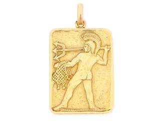 22 Fred Paris: An 18K Gold Pendant Featuring a figural motif in a roman style helmet, with trident and net, signed Fred, with French assay marks Measures: 1 3/4 x 1 1/4 in. 21.7 grams gross Estimate: $3,500 - $5,500
