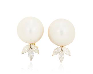 64 A Pair of 18K Bi-Color Gold, Cultured Pearl and Diamond Earrings Featuring two button pearls measuring approximately 14.35 and 14.60 mm, accented by six marquise-shaped diamonds weighing approximately 0.90 carat 2 pieces Measures: 3/4 x 1/2 in. 14.9 grams gross Estimate: $1,500 - $1,800