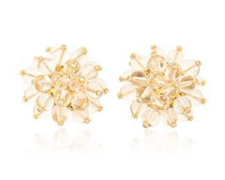 130 Aletto Brothers: A Pair of 18K Gold, Rock Crystal Quartz and Diamond Earrings Of a dangle cluster design featuring round rock crystal quartz beads topped with round diamonds weighing 0.92 carat, signed Aletto Bros, USA 2 pieces Measures: 1 x 1 in. 38.9 grams gross Estimate: $4,500 - $6,500