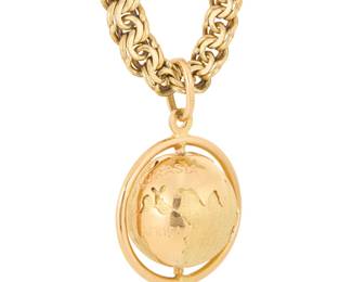 149 A Gold Charm Necklace Including a 14k gold graduated fancy link chain, suspending an 18k gold articulated globe pendant Chain: 16 1/2 in., Pendant: 1 x 1 in. 30.0 grams gross Estimate: $2,000 - $2,500