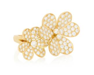 143 Van Cleef & Arpels: An 18K Gold and Diamond 'Frivole Between the Fingers' Ring Featuring two flowers in a nested design set with round diamonds weighing approximately 2.04 carats, signed VCA, BL95726 Size: 6 3/4 8.3 grams Estimate: $6,000 - $8,000