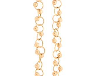 131 Aletto Brothers: A Pair of 18K Gold Earrings Of a single tassel design featuring interlocking gold rings with single gold beads, topped with two round diamonds, signed Aletto Bros, USA 2 pieces Measures: 4 in. 21.3 grams gross Estimate: $3,500 - $5,500