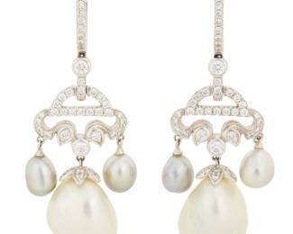 68 A Pair of 18K White Gold, Cultured Pearl and Diamond Earrings Featuring an ornate frame design set with round diamonds weighing approximately 1.15 carats, suspending four baroque grey cultured pearls and finished with two baroque white cultured pearls measuring approximately 11.6 mm, signed with maker's mark 2 pieces Measures: 1 3/4 x 5/8 in. 12.5 grams gross Estimate: $2,500 - $3,500