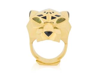84 Cartier: An 18K Gold and Lacquer 'Panthere de Cartier' Ring Of a high polish angular design, featuring two pear-shaped peridot, an onyx cabochon and finished with black lacquer spots, signed Cartier, 66, DCJ586 Size: 11 1/2 63.7 grams gross Estimate: $12,000 - $18,000