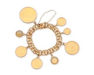 11 A Gold Coin Bracelet Featuring a 14k gold bracelet of a fancy link design suspending eight 22k gold coins, inscribed M.J.S. Length: 7 in. 113.0 grams gross Estimate: $10,000 - $15,000