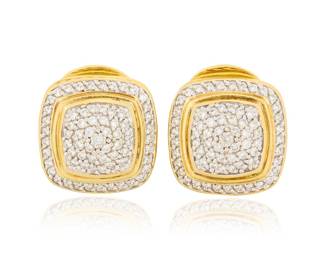 287 David Yurman: A Pair of 18K Gold and Diamond Earrings Of a cushion design accented by pave-set round diamond weighing approximately 2.15 carats, finished with a rope trim, signed D.Y. 2 pieces Measures: 1/2 x 1/2 in. 22.7 grams gross Estimate: $3,000 - $5,000