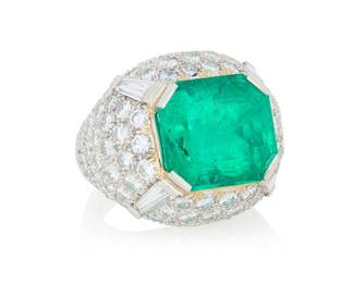 126 David Webb: A Platinum, Emerald and Diamond Ring Of a domed design centering a cut- cornered rectangular step-cut emerald weighing approximately 11.88 carats accented by tapered baguette and round diamonds weighing approximately 9.00 carats, signed Webb Size: 6 with sizing spring 24.0 grams gross Accompanied by a AGL Report numbered #1154097, dated February 24, 2026, stating the Emerald as natural Beryl of Colombian origin with Moderate Modern clarity enhancement Estimate: $40,000 - $60,000