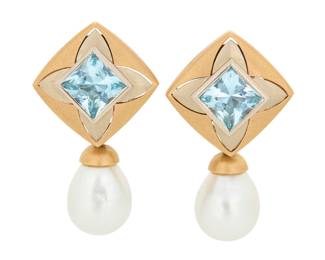 60 A Pair of 18K Bi-Color Gold, Aquamarine and Cultured Pearl Earrings Featuring geometric bi-color gold tops centering square-cut aquamarines, suspending two drop cultured pearls measuring approximately 10.00 mm 2 pieces Measures: 1 3/8 x 3/4 in. 17.1 grams gross Estimate: $1,000 - $1,500