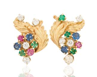 267 A Pair of 14K Gold, Gem-Set and Diamond Earrings Of a foliate design featuring textured gold leaves accented by central flowers set with round emeralds, rubies and sapphires, finished with old European-cut diamonds weighing approximately 1.90 carats 2 pieces Measures: 1 x 3/4 in. 14.8 grams gross Estimate: $2,500 - $3,500