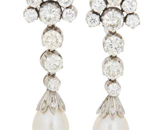 62 A Pair of 18K White Gold, Diamond and Cultured Pearl Earrings Suspending two drop cultured pearls from cascading round diamond weighing approximately 5.50 carats total 2 pieces Measures: 1 1/2 in. 15.4 grams gross Estimate: $4,500 - $6,500
