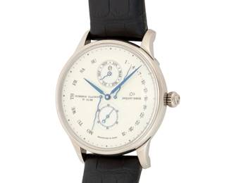 318 Jaquet Droz: An 18K White Gold 'Astrale Perpetual Calendar' Watch Dial: 37.00, round with dot hour markers Case: 42.00 mm Case number: L008334202, 61/88 Closure: black leather strap with an 18k white gold buckle clasp Signed: dial, case, strap and clasp, with original box and papers Inner circumference: 6 3/4 - 8 1/4 in. 120.4 grams gross Estimate: $18,000 - $25,000
