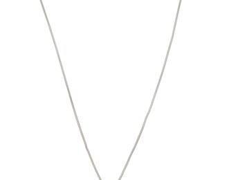 188 An 18K White Gold, Sapphire and Diamond Necklace Including a snake chain suspending a pendant featuring a single pear-shaped sapphire weighing approximately 1.75 carats, topped with a single round diamond weighing approximately 0.50 carats Chain: 16 in., Pendant: 3/4 in. 6.3 grams gross Estimate: $2,500 - $3,500