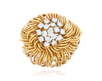 200 An 18K Gold and Diamond Brooch Of a tiered flowing organic design centering seventeen round diamonds weighing approximately 2.35 carats Measures: 1 1/2 x 1 1/2 in. 28.5 grams gross Estimate: $3,500 - $5,500