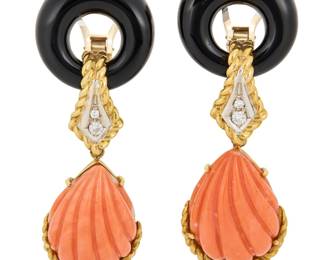 88 A Pair of 18K Bi-Color Gold, Coral and Onyx Earrings Featuring two carved onyx discs, suspending two carved coral pieces, accented by four round diamonds, signed Italy 2 pieces Measures: 2 1/2 x 7/8 in. 40.3 grams gross Estimate: $2,500 - $3,500