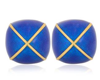 204 David Webb: A Pair of 18K Gold and Blue Enamel Earrings Of a domed crisscross design accented by red enamel, signed Webb, CC48, style number 23365E, with Certificate of Authenticity 2 pieces Measures: 1 x 1 in. 50.0 grams gross Estimate: $7,000 - $10,000