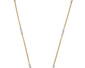 264 Faraone: An 18K Bi-Color Gold and Diamond Necklace Of a yellow gold open link design featuring white gold bar stations accented by single-cut diamonds weighing approximately 4.30 carats, signed Faraone Length: 36 1/2 in. 66.8 grams gross Estimate: $8,000 - $12,000